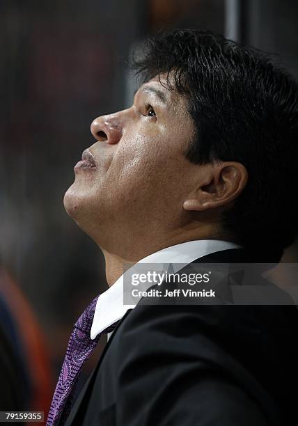 Head coach Ted Nolan of the New York Islanders looks on from the bench during their game against the Vancouver Canucks at General Motors Place on...