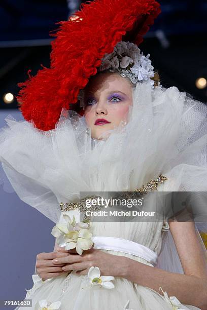 Model walks on the catwalk at the Christian Lacroix Fashion show, during Paris Fashion Week Spring-Summer 2008 at Centre Beaubourg on January 22,...