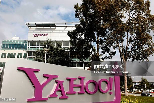 The Yahoo logo is seen on a sign outside of the Yahoo Sunnyvale campus January 22, 2008 in Sunnyvale, California. Yahoo is poised to lay off hundreds...