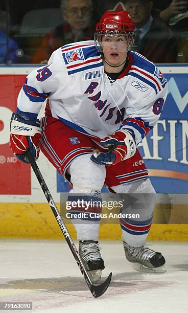 Mikkel Boedker of the Kitchener Rangers skates in a game against the London Knights on January 20, 2008 at the John Labatt Centre in London, Ontario....