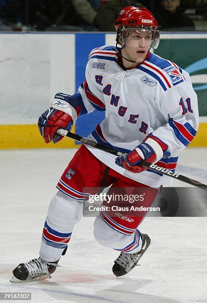 Nick Spaling of the Kitvhener Rangers skates in a game against the London Knights on January 20, 2008 at the John Labatt Centre in London, Ontario....