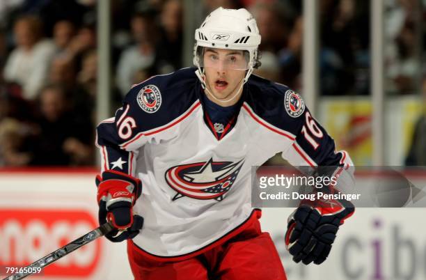 Derick Brassard of the Columbus Blue Jackets skates against the Colorado Avalanche at the Pepsi Center on January 20, 2008 in Denver, Colorado. The...