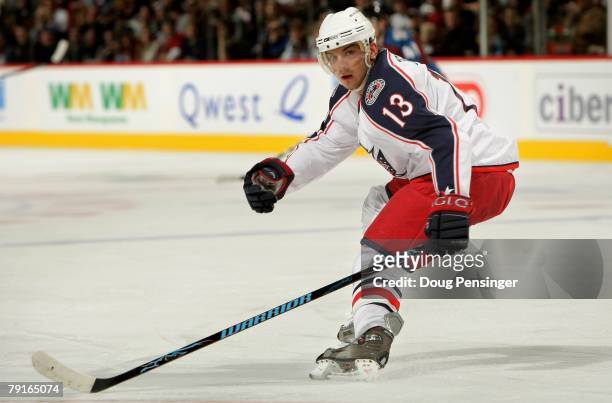 Nikolai Zherdev of the Columbus Blue Jackets skates against the Colorado Avalanche at the Pepsi Center on January 20, 2008 in Denver, Colorado. The...