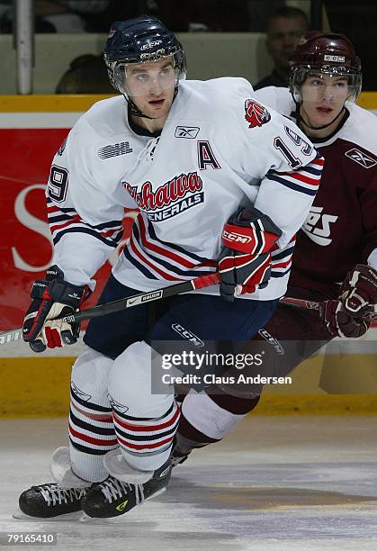Brett MacLean of the Oshawa Generals skates in a game against the Peterborough Petes on January 19, 2008 at the Peterborough Memorial Centre in...