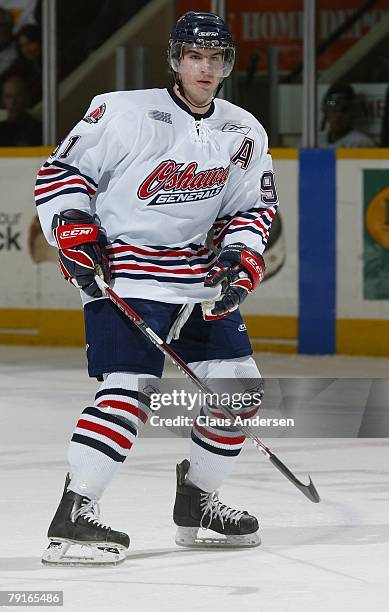John Tavares of the Oshawa Generals skates in a game against the Peterborough Petes on January 19, 2008 at the Peterborough Memorial Centre in...