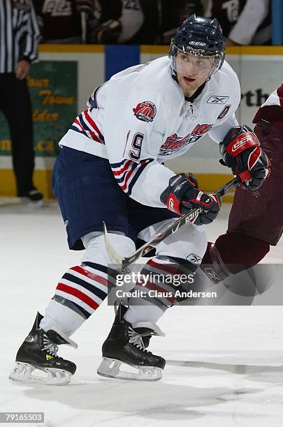 Brett MacLean of the Oshawa Generals skates in a game against the Peterborough Petes on January 19, 2008 at the Peterborough Memorial Centre in...