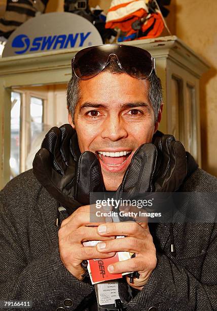 Actor Esai Morales poses with the Swany display at the Gibson Guitar celebrity hospitality lounge held at the Miners Club during the 2008 Sundance...