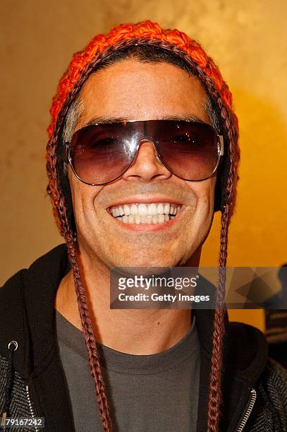 Actor Esai Morales poses with the Orage display at the Gibson Guitar celebrity hospitality lounge held at the Miners Club during the 2008 Sundance...