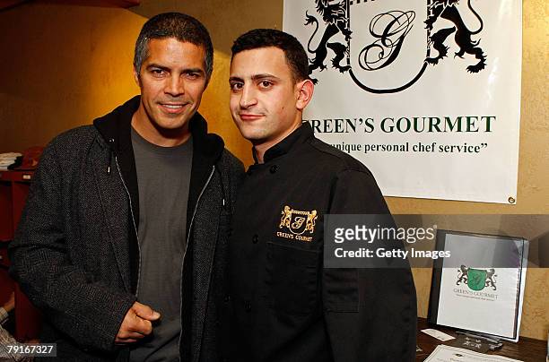 Actor Esai Morales poses with the Green's Gourmet display at the Gibson Guitar celebrity hospitality lounge held at the Miners Club during the 2008...
