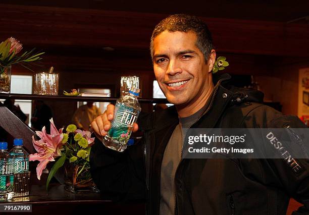 Actor Esai Morales poses with the Fiji display at the Gibson Guitar celebrity hospitality lounge held at the Miners Club during the 2008 Sundance...