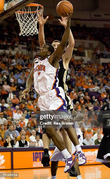 Rivers of the Clemson Tigers goes up for a layup against Chas McFarland of the Wake Forest Deamon Deacons January 22, 2008 at Littlejohn Coliseum in...