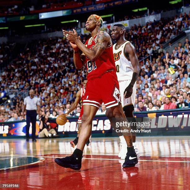 Dennis Rodman of the Chicago Bulls displays emotion in Game Three of the 1996 NBA Finals against the Seattle SuperSonics at Key Arena on June 9, 1996...