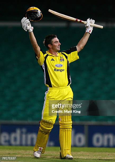 Shaun Marsh of the Warriors celebrates scoring a century during the Ford Ranger Cup match between the New South Wales Blues and the Western...