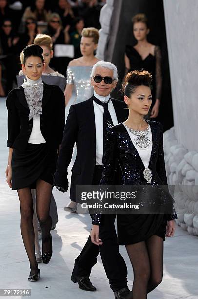 Designer Karl Lagerfeld walks the runway during the Chanel Fashion Show part of Paris Spring/Summer 2008 Haute Couture Fashion Week on the 22nd of...