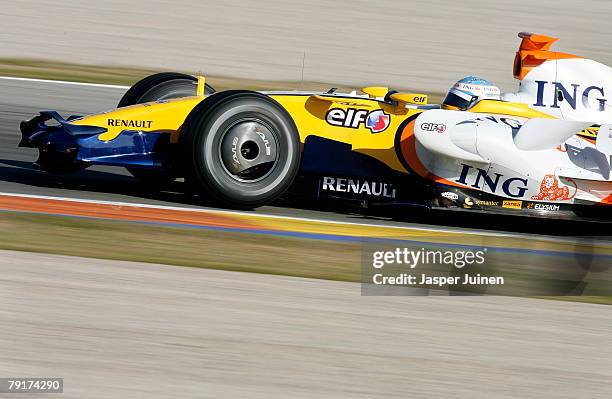 Fernando Alonso of Spain and team Renault in action during Formula one testing at the Ricardo Tormo racetrack on January 23 in Cheste near Valencia,...