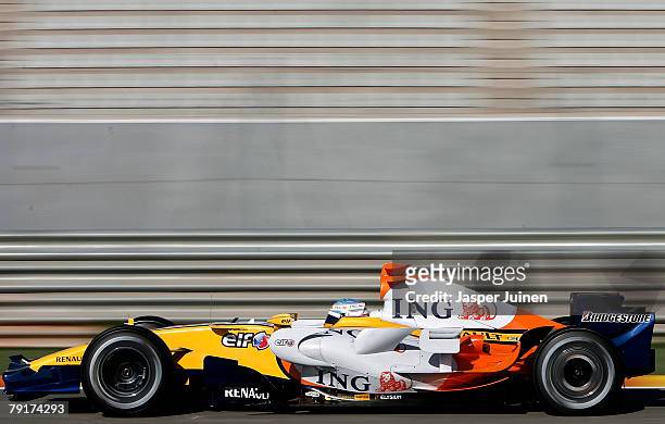 Fernando Alonso of Spain and team Renault in action during Formula one testing at the Ricardo Tormo racetrack on January 23 in Cheste near Valencia,...