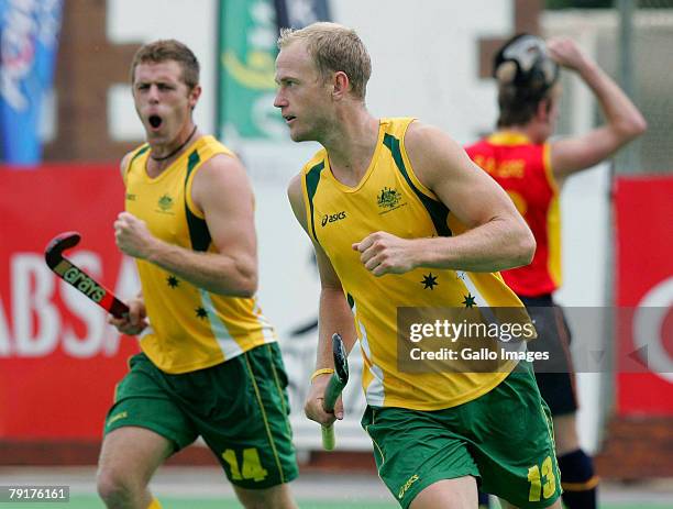 Luke Doerner scores for Australia during the Five Nations Men's Hockey tournament match between Australia and Spain held at the North West University...