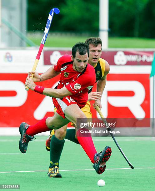 Niklas Meinert of Germany shoots during the Five Nations Mens Hockey tournament match between South Africa and Germany during the Five Nations Mens...