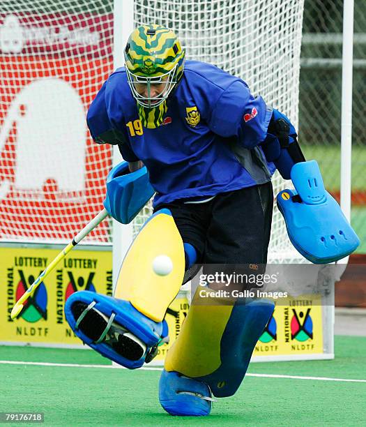 Chris Hibbert of Germany kicks away a shot during the Five Nations Mens Hockey tournament match between South Africa and Germany held at the North...