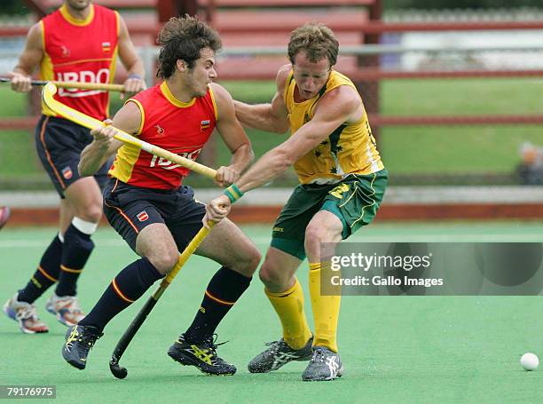 Juan Lainz collides with David Guest during the Five Nations Men's Hockey tournament match between Australia and Spain held at the North West...