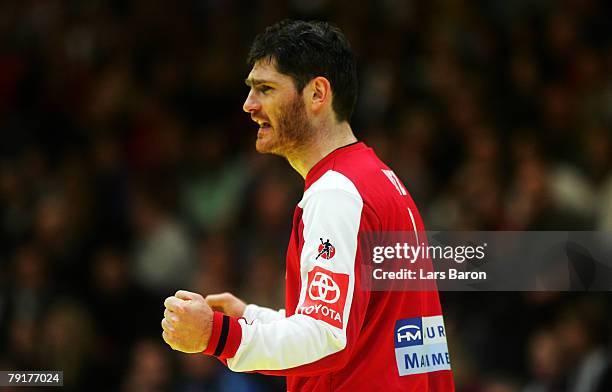 Goalkeeper Henning Fritz of Germany celebrates after a save during the Men's Handball European Championship main round Group II match between Germany...