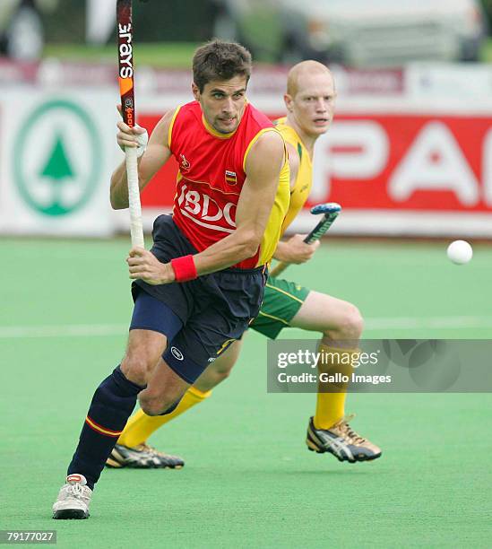 Pol Amat in action during the Five Nations Men's Hockey tournament match between Australia and Spain held at the North West University Hockey Centre...