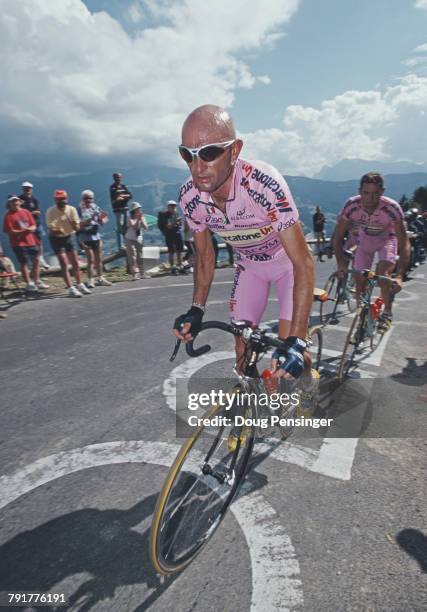 Marco Pantani of Italy and rider for the Mercatone UnoScanavino team cycling on the Courchevel to Morzine Stage 16 of the Tour de France on 18 July...