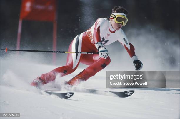 Petra Kronberger of Austria skiing in the Women's Giant Slalom event on 24 February 1988 during the XV Olympic Winter Games in Nakiska, Calgary,...