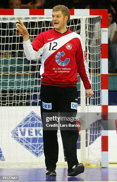 Goalkeeper Johannes Bitter gestures during the Men's Handball European Championship main round Group II match between Germany and France at Trondheim...