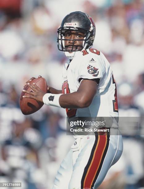 Shaun King, Quarterback for the Tampa Bay Buccaneers prepares to pass the ball during the National Football League pre season game against the New...