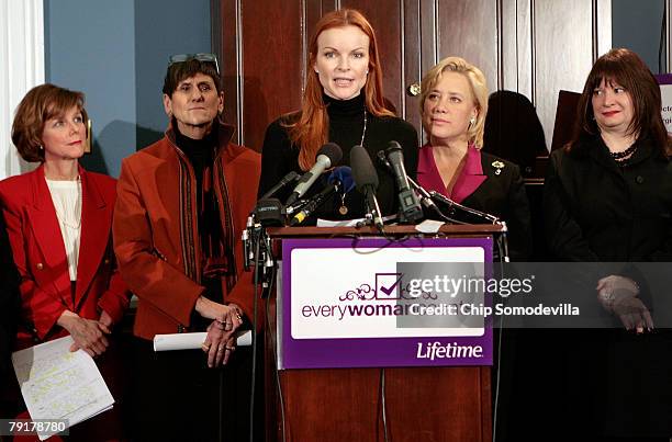 Marcia Cross , actress from ABC's "Desperate Housewives," delivers comments during a news conference with Dr. Kristen Zarfos, Rep. Rosa DeLauro ,...