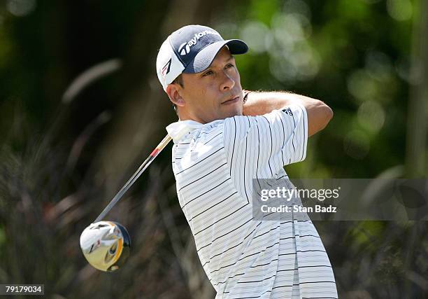 Defending Champion Miguel Carballo hits from the 11th tee during Wednesday's Pro-Am of the Movistar Panama Championship held at the Club de Golf de...