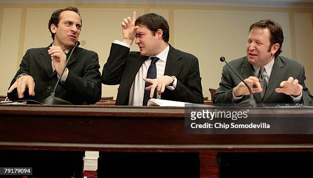Writers Guild of America members and Colbert Report writers Peter Grosz, Michael Brumm and Tom Purcell hold comedic mock debate and news conference...