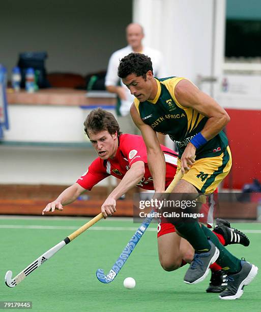 Eric Rose Innes of South Africa and Oliver Korn of Germany during the Five Nations Mens Hockey tournament match between South Africa and Germany held...