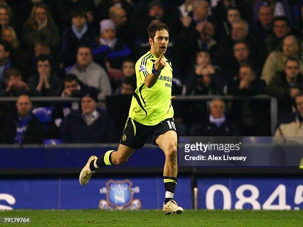 Joe Cole of Chelsea celebrates after scoring the opening goal during the Carling Cup Semi Final 2nd Leg match between Everton and Chelsea at Goodison...