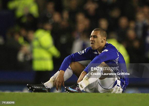 James Vaughan of Everton shows his dispair after the Carling Cup Semi Final Second Leg match between Everton and Chelsea at Goodison Park on January...
