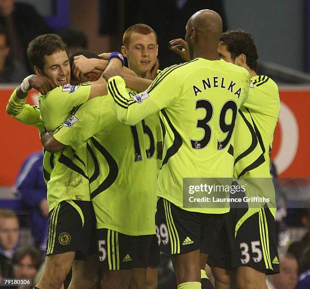 Joe Cole of Chelsea is congratulated on scoring during the Carling Cup Semi Final Second Leg match between Everton and Chelsea at Goodison Park on...