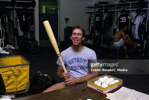 Alan Trammell of the Detroit Tigers in the locker room before a game against the California Angels in May 1984 in Detroit, Michigan.