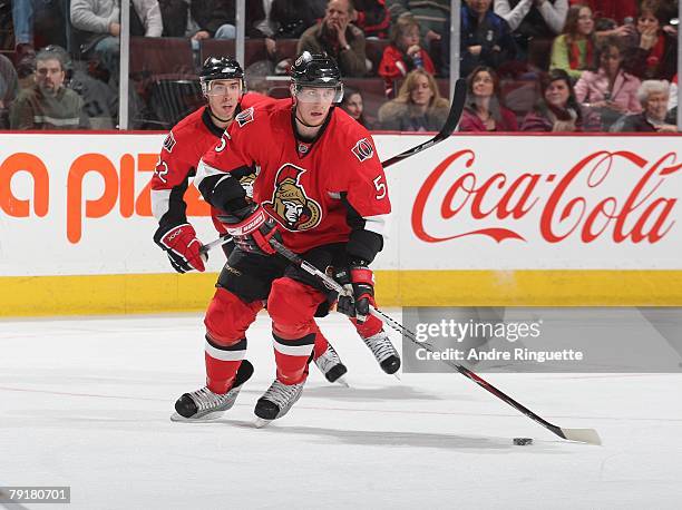 Christoph Schubert and Chris Kelly of the Ottawa Senators skate up ice with the puck against the Tampa Bay Lightning at Scotiabank Place on January...
