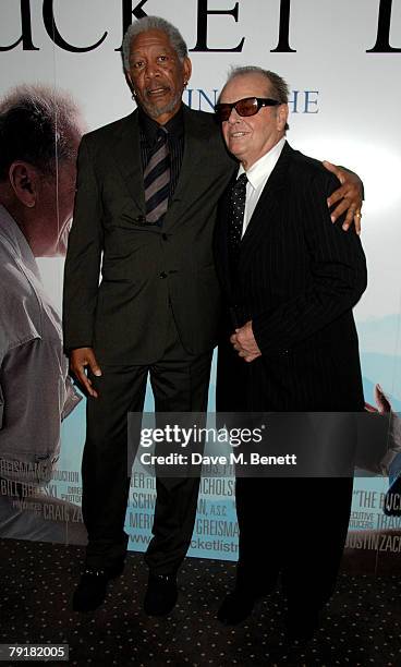 Actors Morgan Freeman and Jack Nicholson attend the UK film premiere of 'The Bucket List', at the Vue Cinema on January 23, 2008 in London, England.