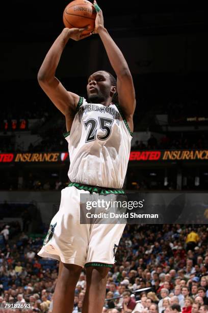 Al Jefferson of the Minnesota Timberwolves goes up for a shot against the Phoenix Suns on January 23, 2008 at the Target Center in Minneapolis,...