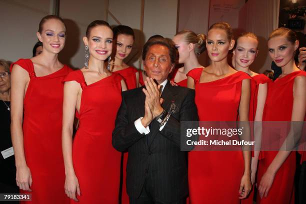 Valentino and Natalia Vodianova walk with models on the catwalk for final at the Valentino Fashion show, during Paris Fashion Week Spring-Summer 2008...