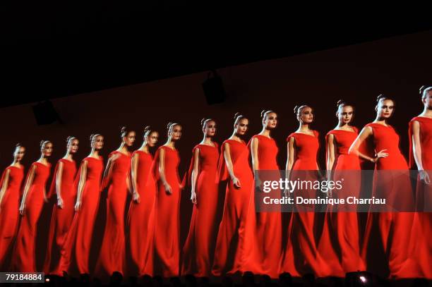Models walk on the catwalk for finale at the Valentino Fashion show, during Paris Fashion Week Spring-Summer 2008 at Musee Rodin on January 23, 2008...
