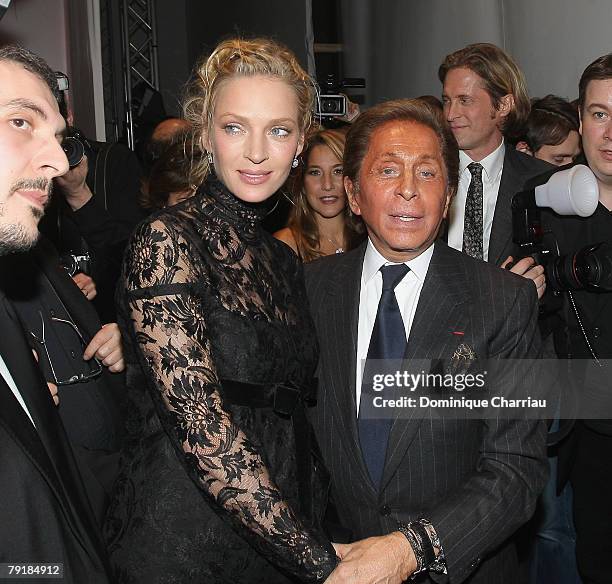 Uma Thurman and Valentino attend the Valentino Fashion show, during Paris Fashion Week Spring-Summer 2008 at Musee Rodin on January 23, 2008 in...