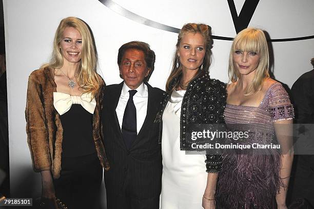 Claudia Schiffer, Valentino, Eva Herzigova and Nadia Auermann attend the Valentino Fashion show, during Paris Fashion Week Spring-Summer 2008 at...