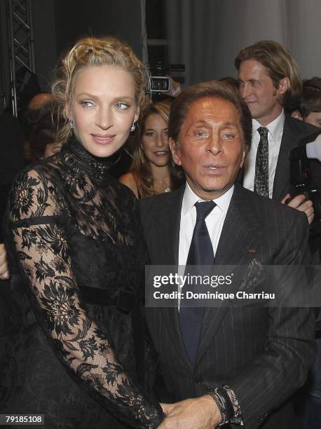 Uma Thurman and Valentino attend the Valentino Fashion show, during Paris Fashion Week Spring-Summer 2008 at Musee Rodin on January 23, 2008 in...