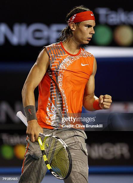 Rafael Nadal of Spain celebrates winning a point during his semi-final match against Jo-Wilfried Tsonga of France on day eleven of the Australian...