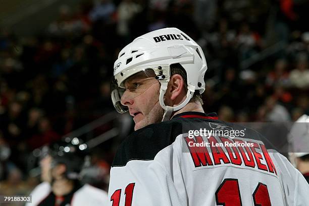 John Madden of the New Jersey Devils looks on in a NHL game against the Philadelphia Flyers on January 22, 2008 at the Wachovia Center in...