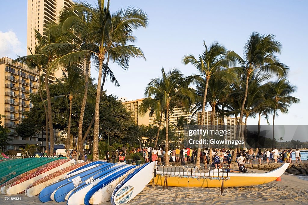 Boats on the beach, Waikiki Beach, Honolulu, Oahu, Hawaii Islands, USA
