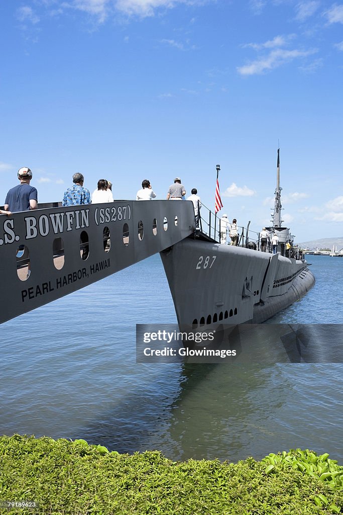 Group of people boarding on a military ship, USS Bowfin, Pearl Harbor, Honolulu, Oahu, Hawaii Islands, USA